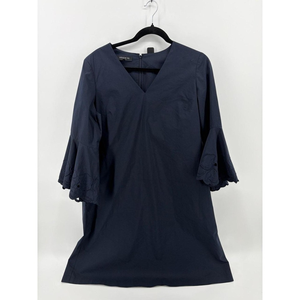 Lafayette 148 Shift Dress, Navy Bell Sleeve V-Neck, Eyelet Poplin Coastal, Sz M